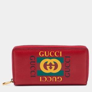 Gucci Red Leather Logo Print Zip Around Wallet