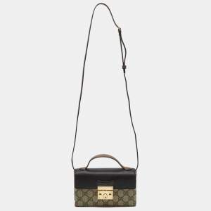 Pre Owned Gucci Black/Brown GG Supreme Canvas and Leather Mini Padlock Top Handle Bag
