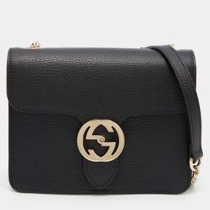 Gucci Black Leather Dollar Interlocking G Crossbody Bag
