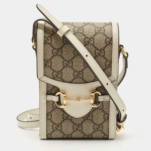 Gucci White/Beige GG Supreme Canvas and Leather Mini Horsebit 1955 Bag
