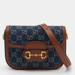 Pre Owned Gucci Blue/Brown GG Canvas and Leather Mini Horsebit 1955 Crossbody Bag