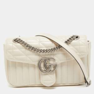 Pre Owned Gucci Off White Mix Quilted Leather Small GG Marmont Shoulder Bag
