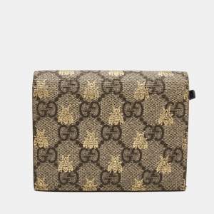 Gucci Beige GG Supreme Canvas and Leather Bee Print Card Case