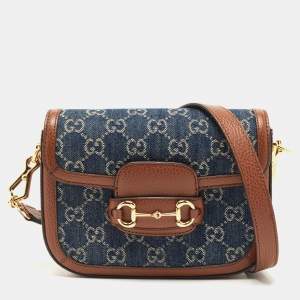 Pre Owned Gucci Blue/Brown GG Denim and Leather Mini Horsebit 1955 Crossbody Bag