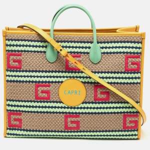 Pre Owned Gucci Multicolor Woven Fabric and Leather Square G Capri Stripe Tote
