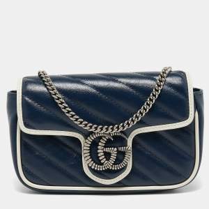 Gucci Dark Blue/White Diagonal Matelassé Leather Super Mini Torchon GG Marmont Bag