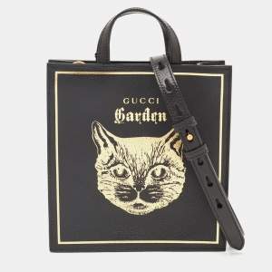Pre Owned Gucci Garden Black Leather Cat Print Tote