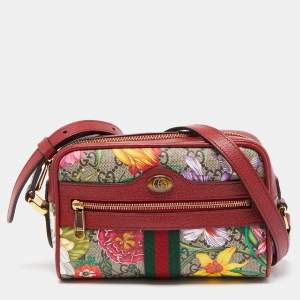 Pre Owned Gucci Red/Beige GG Supreme Canvas Mini Floral Ophidia Crossbody Bag