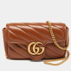 Gucci Brown Diagonal Matelassé Leather Super Mini GG Marmont Shoulder Bag