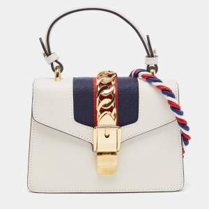 Pre Owned Gucci Off White Leather Mini Web Sylvie Top Handle Bag