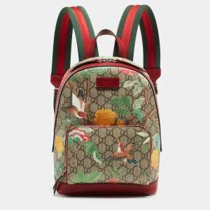 Gucci Red/Beige/GG Supreme Canvas and Leather Small Tian Print Backpack