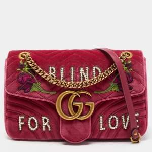 Pre Owned Gucci Pink Matelassé Velvet Medium Embroidered Blind For Love GG Marmont Shoulder Bag