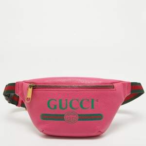 Pre Owned Gucci Pink Leather Logo Web Belt Bag