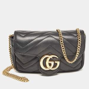 Pre Owned Gucci Black Matelassé Leather Super Mini GG Marmont Shoulder Bag