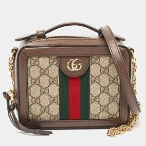 Pre Owned Gucci Beige/Ebony GG Supreme Canvas and Leather Mini Ophidia Top Handle Bag