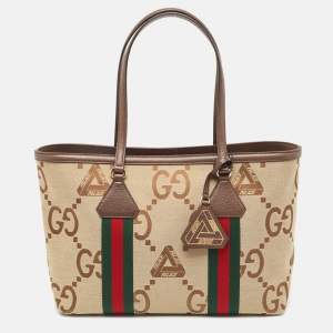 Pre Owned Gucci x Palace Beige/Brown Jumbo GG Canvas Medium Shopper Tote