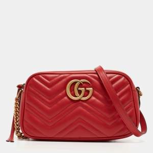 Gucci Red Matelassé Leather Small GG Marmont Shoulder Bag