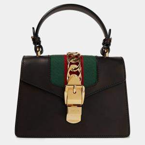 Pre Owned Gucci Black Leather Mini Web Chain Sylvie Top Handle Bag