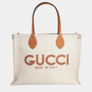 Gucci Beige/Brown Canvas and Leather Gucci Logo Tote Bag