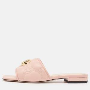 Pre Owned Gucci Pink Leather GG Marmont Flat Slides Size 38.5