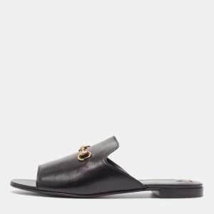 Pre Owned Gucci Black Leather Malaga Flat Slides Size 41.5
