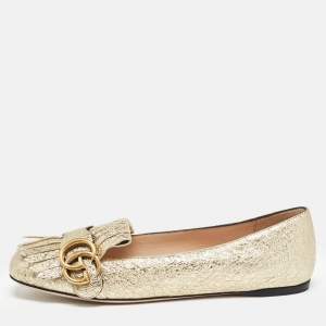 Gucci Gold Crinkled Foil Leather GG Marmont Fringe Detail Ballet Flats Size 37.5