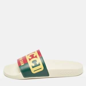 Gucci Multicolor Web Logo Print Rubber Dapper Dan Slides Size 37