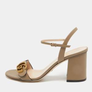 Pre Owned Gucci Beige Leather GG Marmont Block Heel Ankle Strap Sandals 40.5