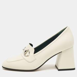 Gucci White Leather Horsebit Block Heel Pumps Size 38.5