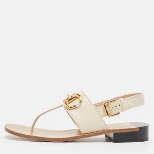 Gucci Cream Leather Horsebit Thong Sandals Size 39