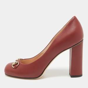 Gucci Burgundy Leather Horsebit Block Heel Pumps Size 40  