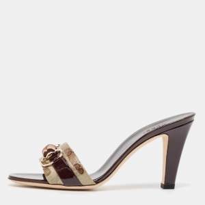 Gucci Beige Canvas Patent Leather Slide Sandals Size 39