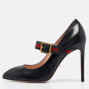 Pre Owned Gucci Black Leather Sylvie Mary Jane Pumps Size 37.5