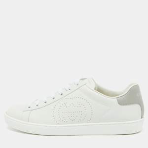 Pre Owned Gucci White/Grey Leather Interlocking G Ace Low Top Sneakers Size 39