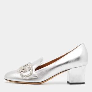Pre Owned Gucci Silver Leather Crystal Embellished Interlocking G Loafer Pumps Size 38