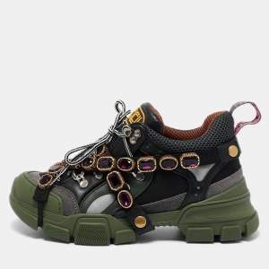 Gucci Green/Black Leather and Mesh Flashtrek Sneakers Size 38.5
