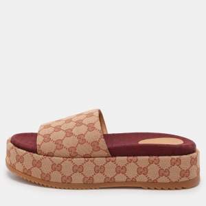 Gucci Beige GG Monogram Canvas Angelina Platform Slide Sandals Size 41