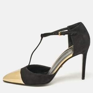Pre Owned Gucci Black/Gold Leather and Suede T Strap Pumps Size 36