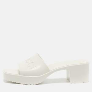 Gucci White Rubber Embossed Logo Block Heel Slide Sandals Size 40