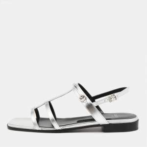 Gucci Silver Leather Divine Flat Sandals Size 38