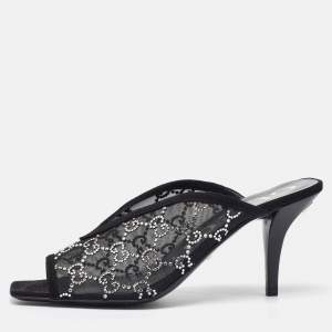 Gucci Black Mesh GG Crystal Embellished Mules Size 39