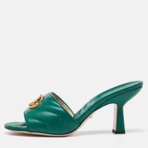 Gucci Green Matelasse Leather GG Marmont Slide Sandals Size 39