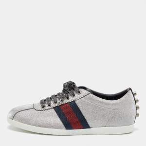 Gucci Metallic Silver Glitter Web Detail Studded Low Top Sneakers Size 36