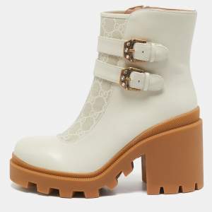 Gucci Off White Leather and GG Supreme Canvas Kensington Ankle Boots Size 42