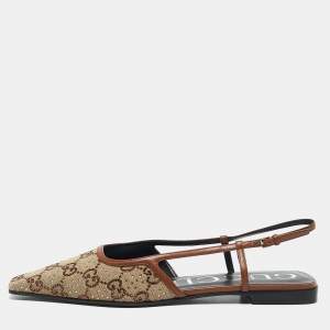 Gucci Brown Canvas and Leather Crystal Embellished Slingback Flats Size 38.5
