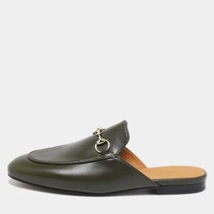 Pre Owned Gucci Green Leather Princetown Mules Size 38.5