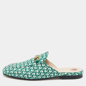 Pre Owned Gucci Green/White Canvas Princetown Mule Sandals Size 37.5