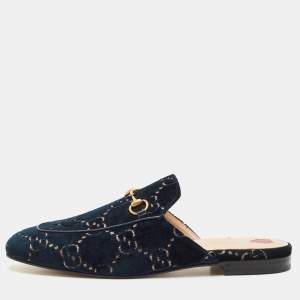 Gucci Navy Blue GG Velvet Princetown Flat Mules Size 41.5