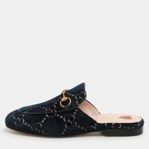Gucci Blue/Gold GG Velvet Princetown Horsebit Flat Mules Size 34.5