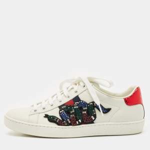 Gucci White Leather and Snakeskin Leather Ace Low Top Sneakers Size 35.5
